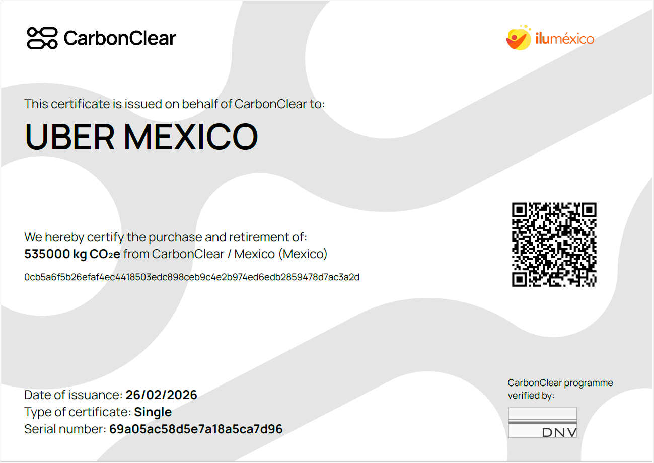 CarbonClear retirement certificate — Uber Mexico, 535 tCO₂e, issued 26 Feb 2026, verified by DNV